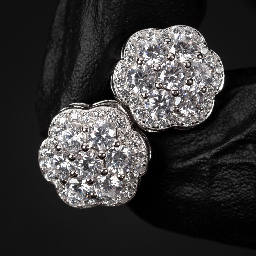 Men's Large 925 Sterling Silver Flower Cluster Hip Hop Screw Back Stud Earrings